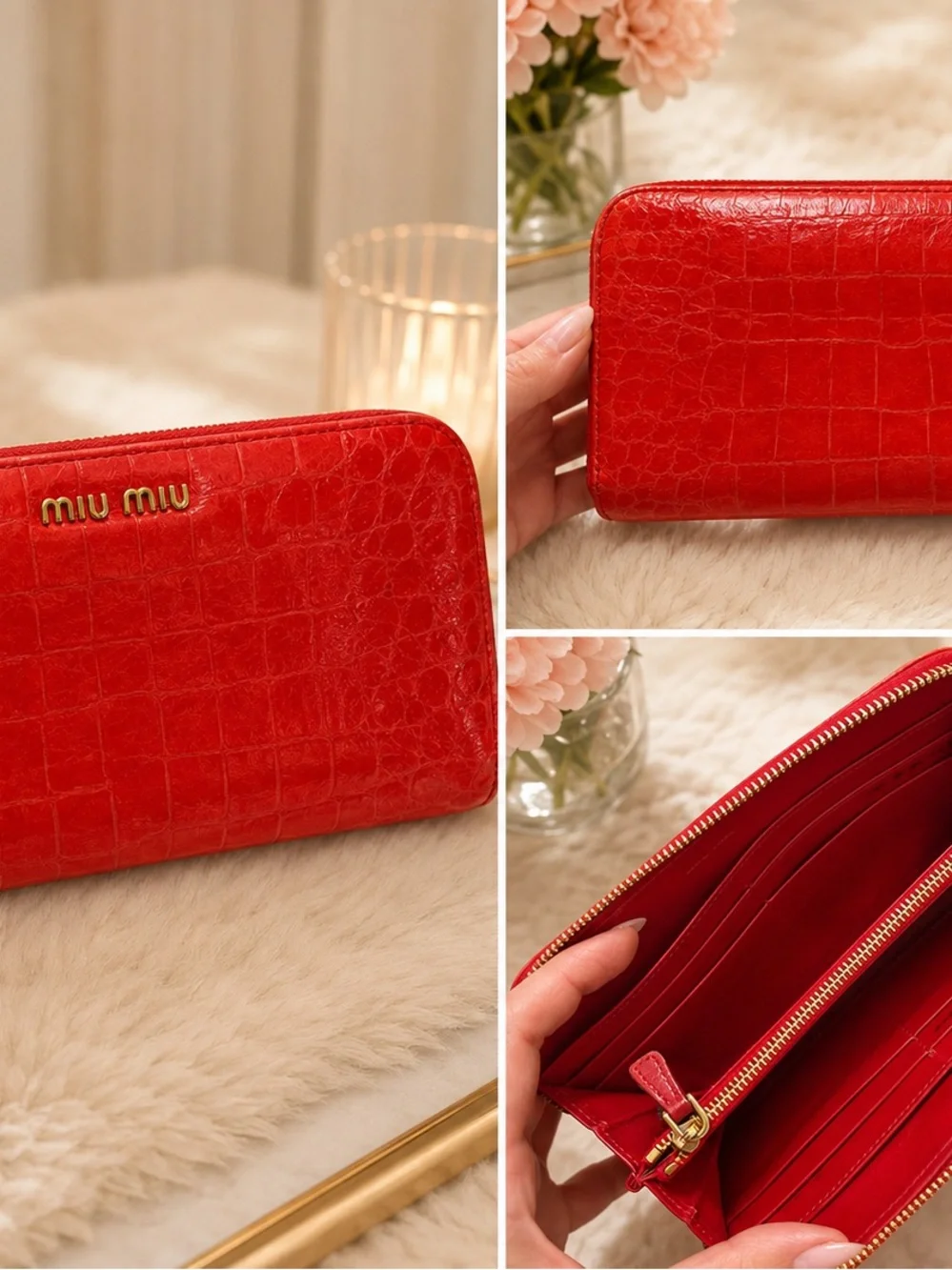 Miu Miu Red Croc-Embossed Zip Wallet with Gold Logo